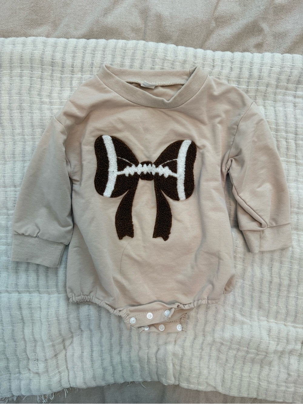 Beige Baby Girl Bubble Romper with Brown Football Bow